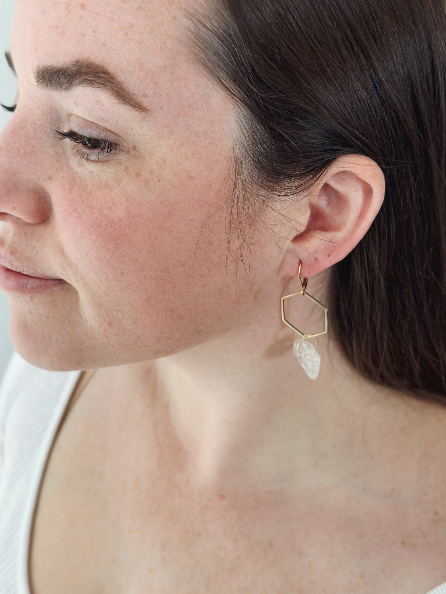Crystal Quartz hexagon 24k Gold French Hook
