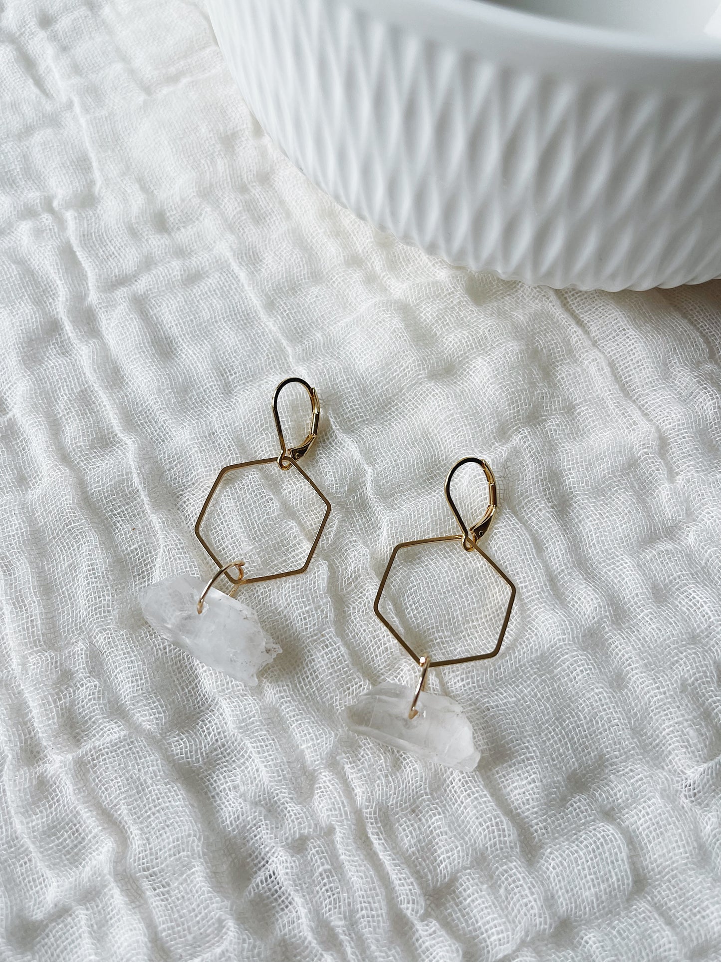 Crystal Quartz hexagon 24k Gold French Hook