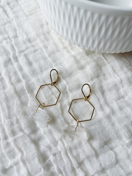 Crystal Quartz hexagon 24k Gold French Hook